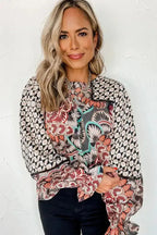 Mixed Floral Geometric Print Ruffled Long Sleeve Blouse - Fashionfitz