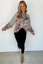 Mixed Floral Geometric Print Ruffled Long Sleeve Blouse - Fashionfitz