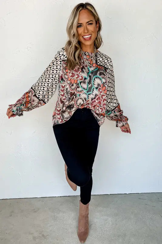 Black mixed floral geometric print ruffled long sleeve blouse - tops