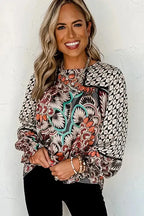 Mixed Floral Geometric Print Ruffled Long Sleeve Blouse - Fashionfitz