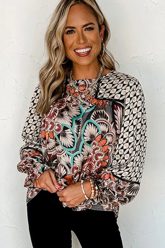 Black mixed floral geometric print ruffled long sleeve blouse - tops