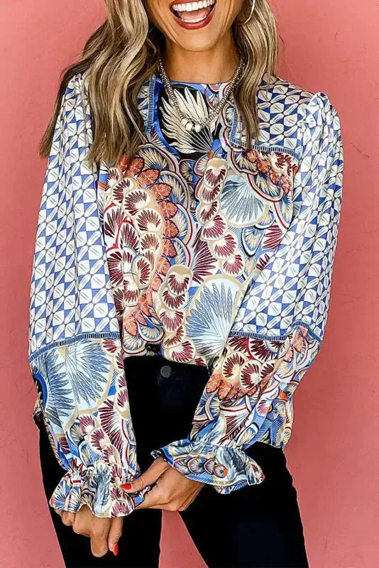 Mixed Floral Geometric Print Ruffled Long Sleeve Blouse - Fashionfitz