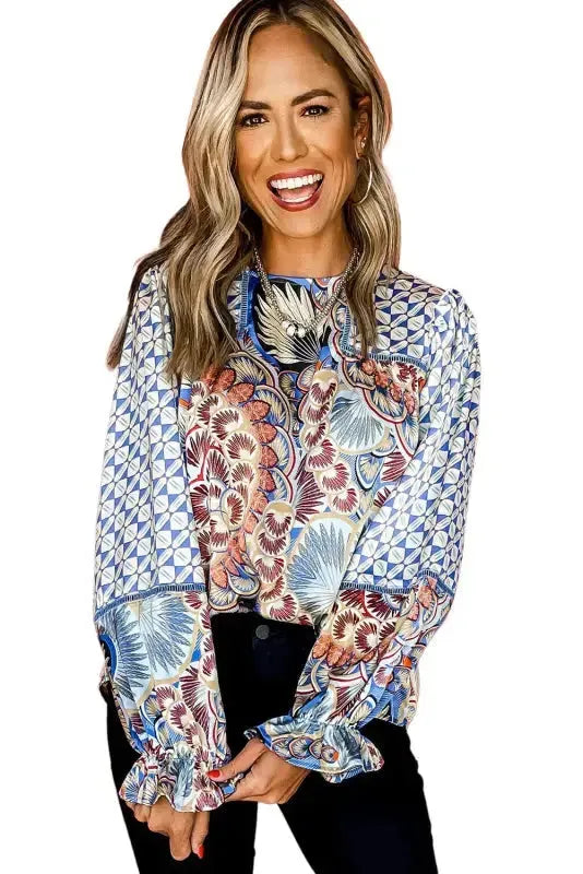 Mixed Floral Geometric Print Ruffled Long Sleeve Blouse - Fashionfitz