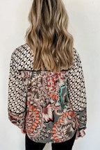 Mixed Floral Geometric Print Ruffled Long Sleeve Blouse - Fashionfitz