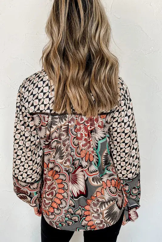 Black mixed floral geometric print ruffled long sleeve blouse - tops