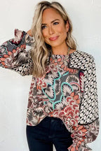 Mixed Floral Geometric Print Ruffled Long Sleeve Blouse - Fashionfitz