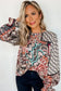 Black mixed floral geometric print ruffled long sleeve blouse - tops