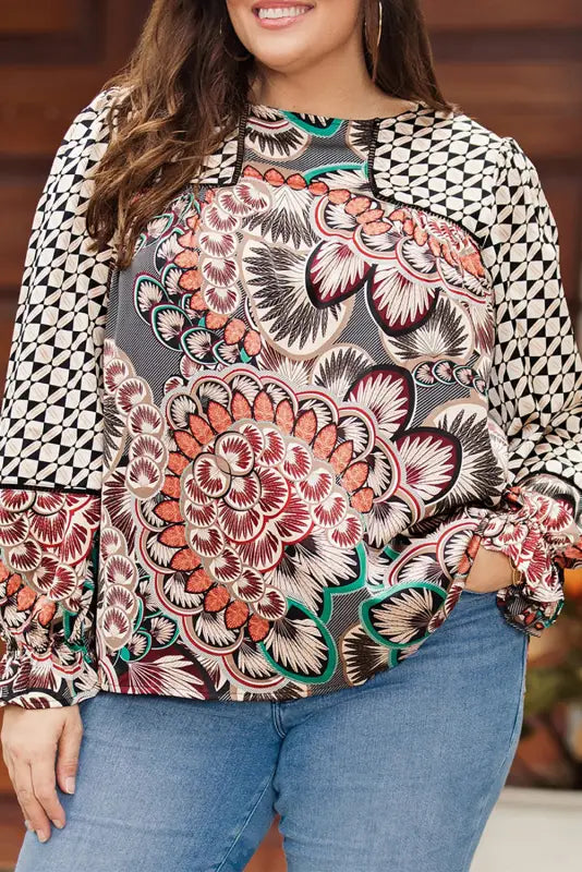 Black mixed floral geometric print ruffled long sleeve blouse - tops