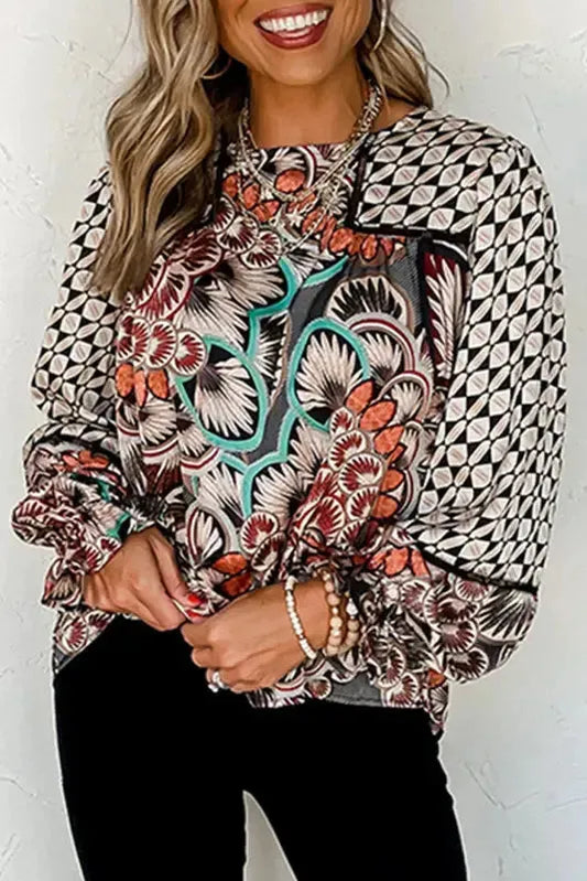 Mixed Floral Geometric Print Ruffled Long Sleeve Blouse - Fashionfitz