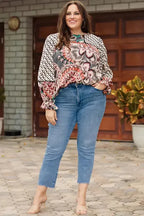 Mixed Floral Geometric Print Ruffled Long Sleeve Blouse - Fashionfitz
