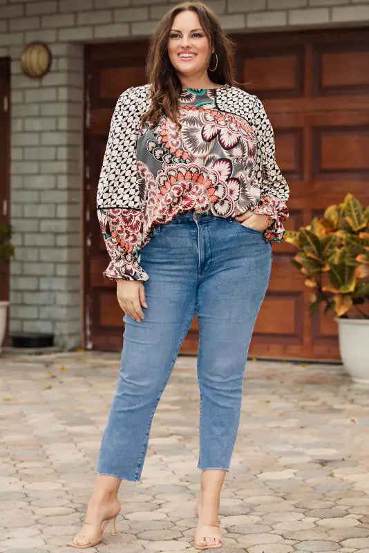 Black mixed floral geometric print ruffled long sleeve blouse - tops