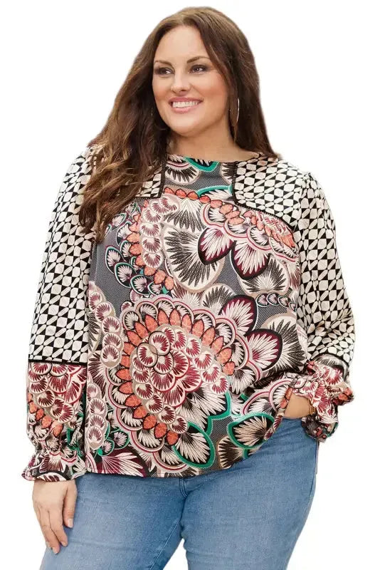 Mixed Floral Geometric Print Ruffled Long Sleeve Blouse - Fashionfitz