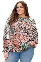 Mixed Floral Geometric Print Ruffled Long Sleeve Blouse - Fashionfitz