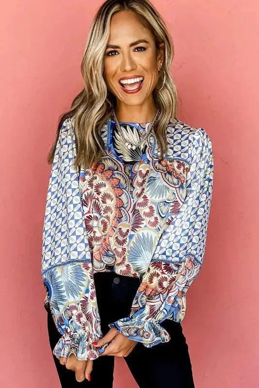 Mixed Floral Geometric Print Ruffled Long Sleeve Blouse - Fashionfitz