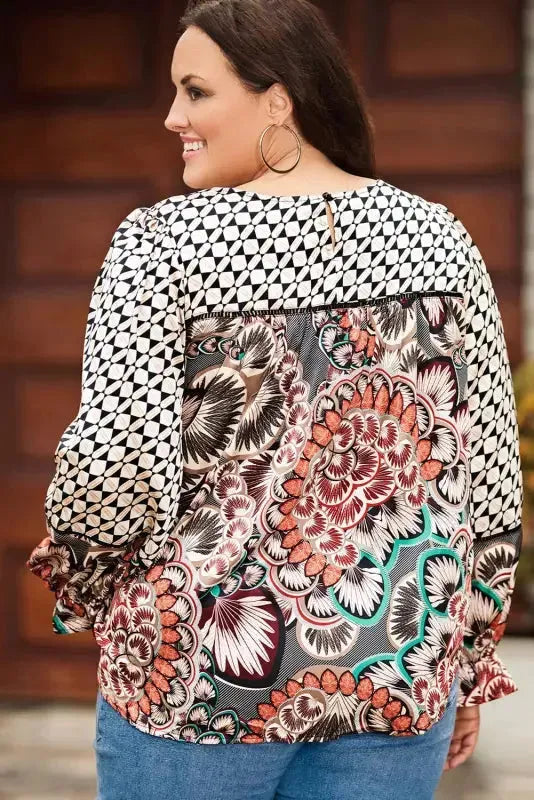 Mixed Floral Geometric Print Ruffled Long Sleeve Blouse - Fashionfitz