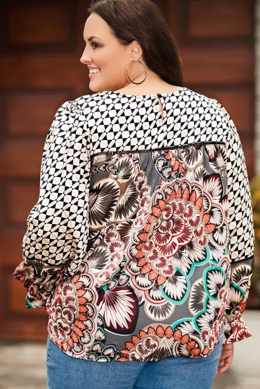 Black mixed floral geometric print ruffled long sleeve blouse - tops