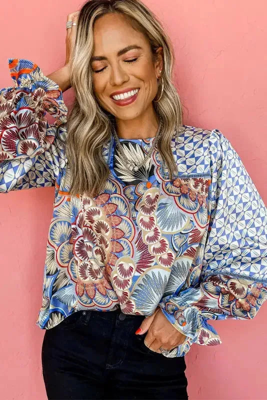 Mixed Floral Geometric Print Ruffled Long Sleeve Blouse - Fashionfitz