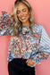 Black mixed floral geometric print ruffled long sleeve blouse - tops