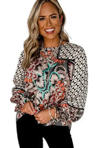 Mixed Floral Geometric Print Ruffled Long Sleeve Blouse - Fashionfitz