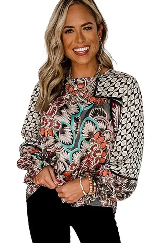 Mixed Floral Geometric Print Ruffled Long Sleeve Blouse - Fashionfitz