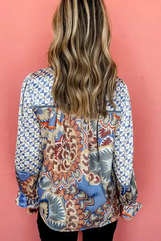 Mixed Floral Geometric Print Ruffled Long Sleeve Blouse - Fashionfitz