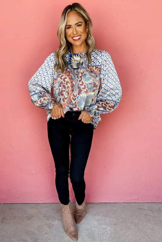 Black mixed floral geometric print ruffled long sleeve blouse - tops