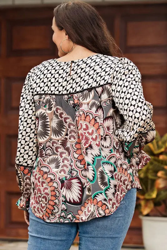 Black mixed floral geometric print ruffled long sleeve blouse - tops