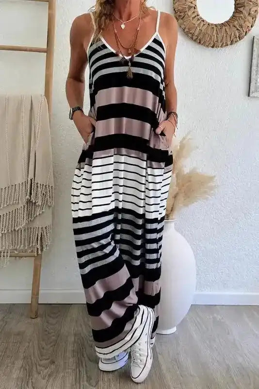 Fashionfitz striped spaghetti strap maxi dress, UK sizes S–2XL, high stretch, summer holiday style