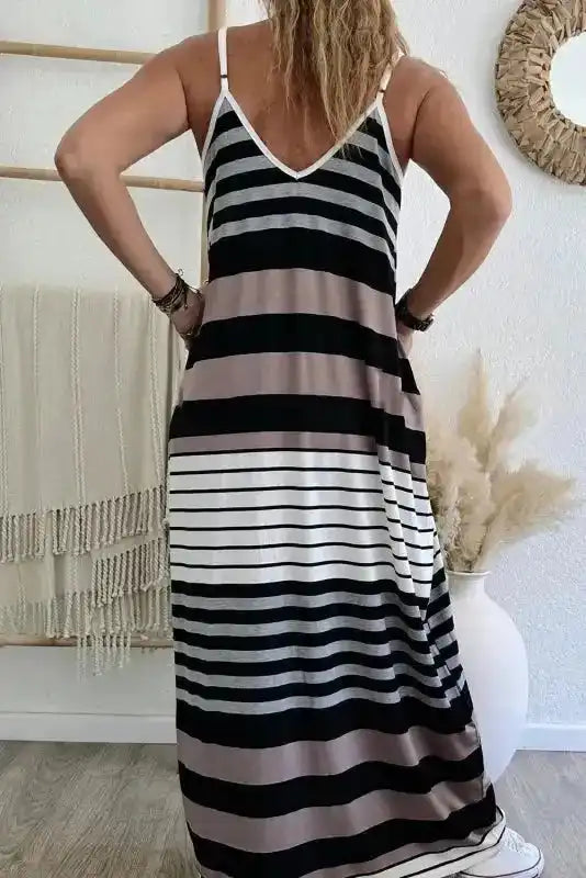 Close-up of bold horizontal stripe colourblock print on spaghetti strap maxi dress, Fashionfitz UK