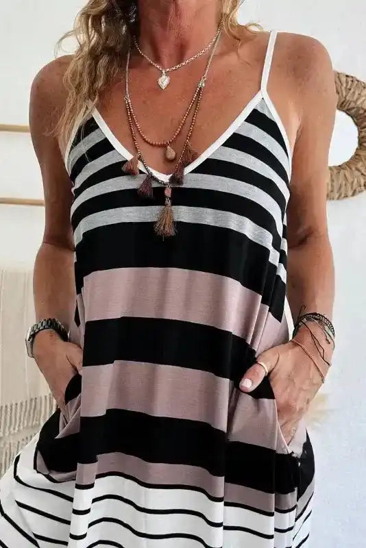 Mixed stripe V-neck maxi dress styled for beach holiday with flat sandals, Fashionfitz