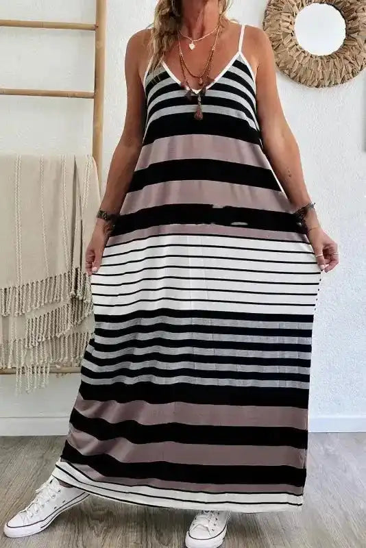 Colourblock mixed stripe maxi dress with spaghetti straps, full length view, Fashionfitz