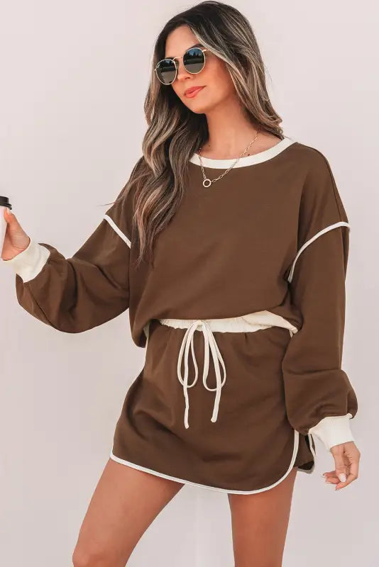 Mocha contrast pullover and skort set | fashionfitz