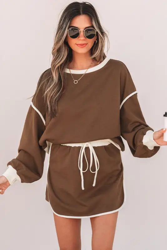 Mocha contrast pullover and skort set | fashionfitz