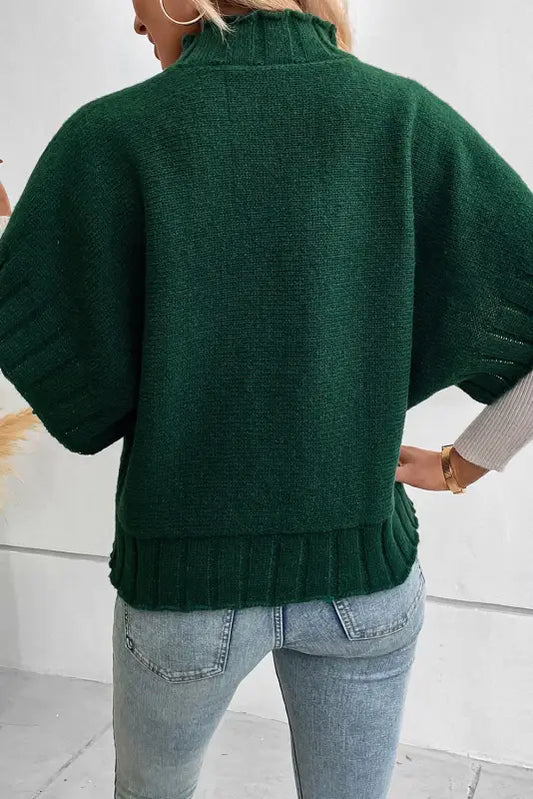 Blackish green mock neck batwing short sleeve knit sweater