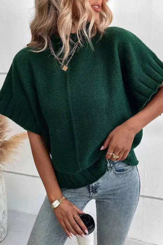 Mock Neck Batwing Short Sleeve Knit Sweater - Fashionfitz