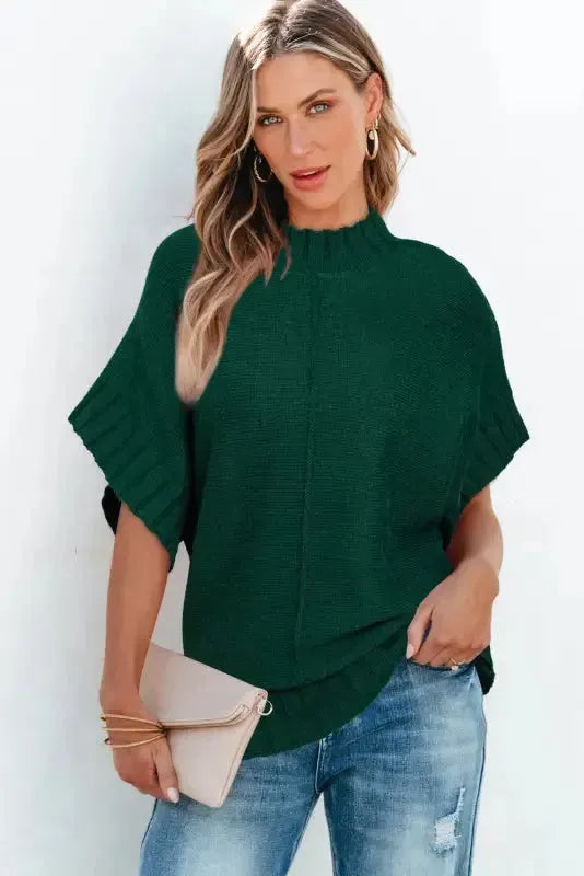 Mock Neck Batwing Short Sleeve Knit Sweater - Fashionfitz
