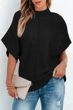 Mock Neck Batwing Short Sleeve Knit Sweater - Fashionfitz