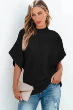 Mock Neck Batwing Short Sleeve Knit Sweater - Fashionfitz