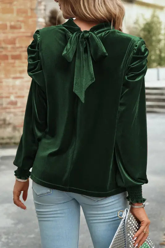 Mock neck puff sleeve velvet blouse - blouses