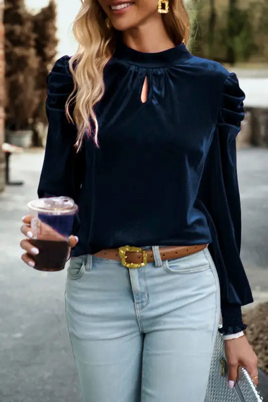 Mock neck puff sleeve velvet blouse - navy blue / s / 95% polyester + 5% elastane - blouses