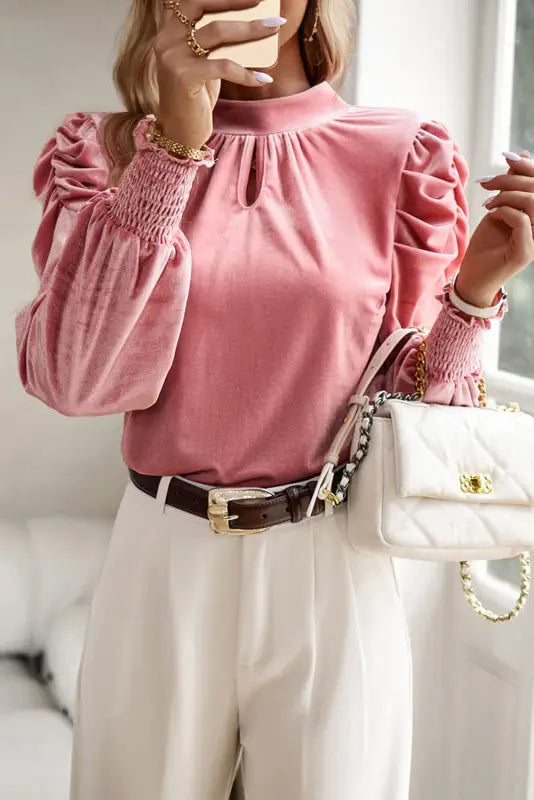 Mock neck puff sleeve velvet blouse - blouses