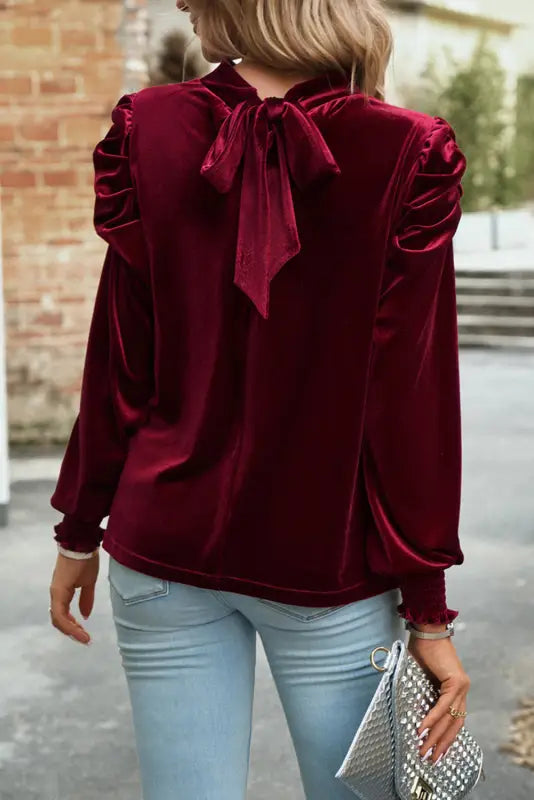 Mock neck puff sleeve velvet blouse - blouses