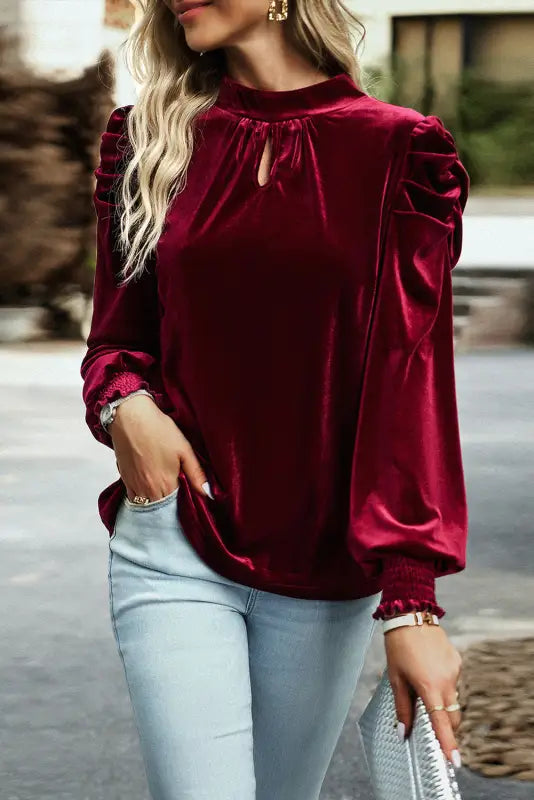 Mock neck puff sleeve velvet blouse - blouses