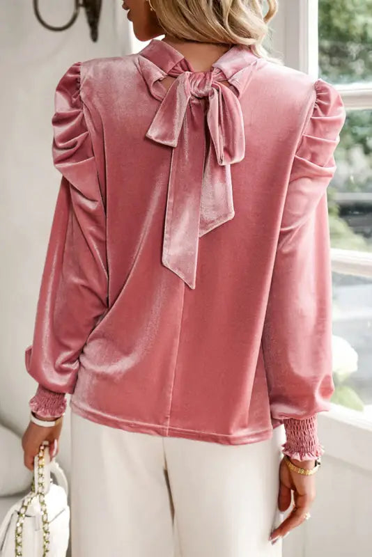 Mock neck puff sleeve velvet blouse - blouses