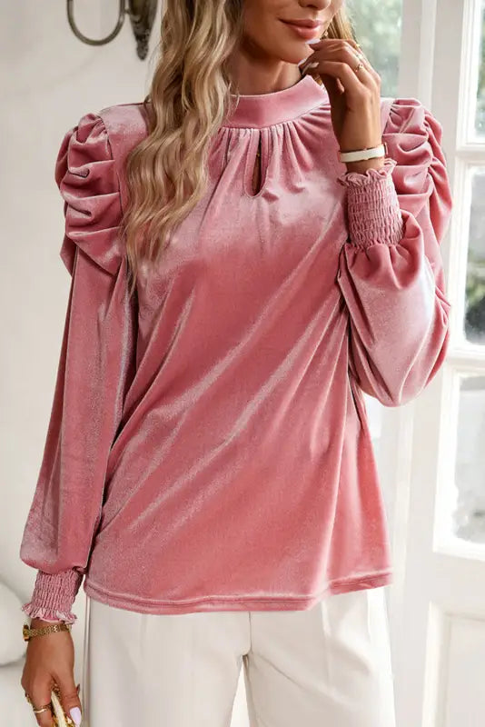 Mock neck puff sleeve velvet blouse - blouses