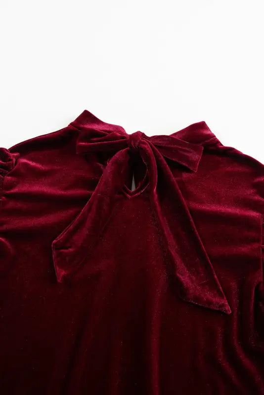 Mock neck puff sleeve velvet blouse - blouses