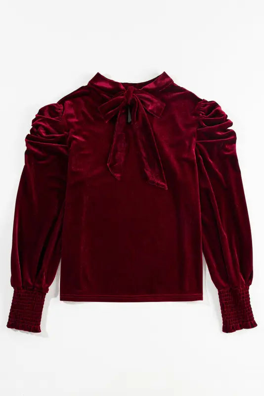 Mock neck puff sleeve velvet blouse - blouses