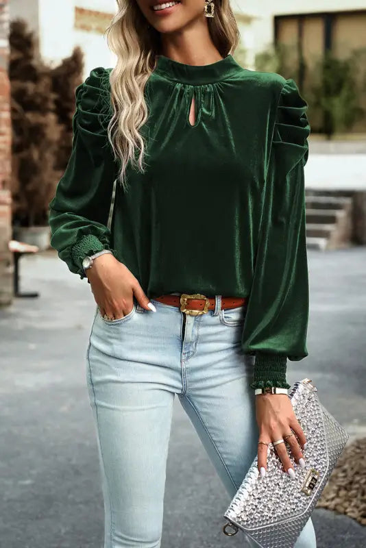 Mock neck puff sleeve velvet blouse - blackish green / s / 95% polyester + 5% elastane - blouses