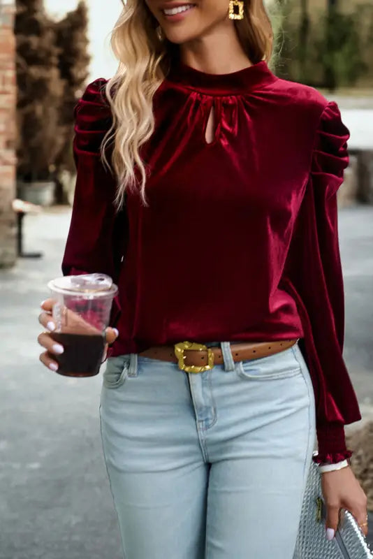 Mock neck puff sleeve velvet blouse - blouses