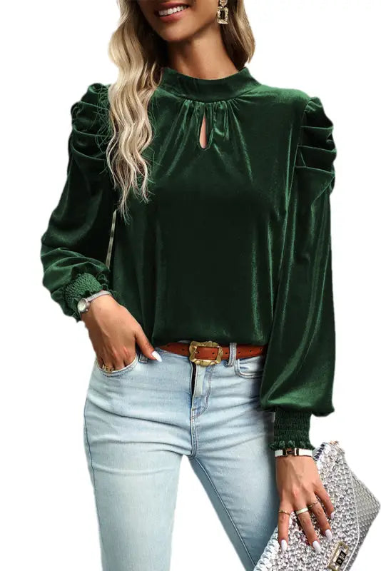 Mock neck puff sleeve velvet blouse - blouses